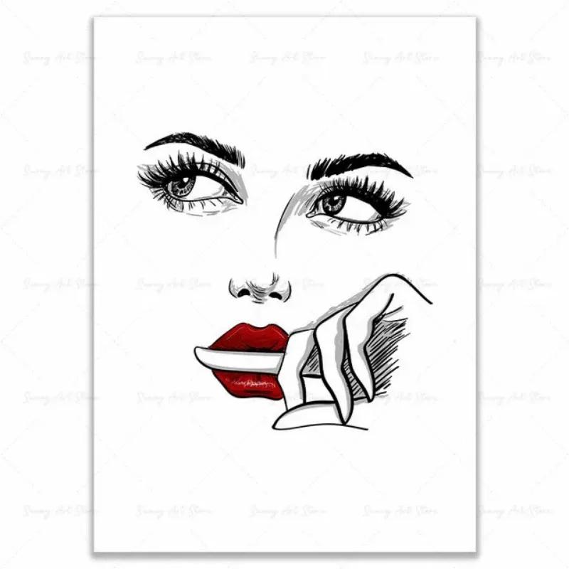 Fashion MakeUp Lipstick Mascara Nail Polish Canvas Painting Beauty Salon Poster Eyelash Red Lips Girl Wall Art Home Decor