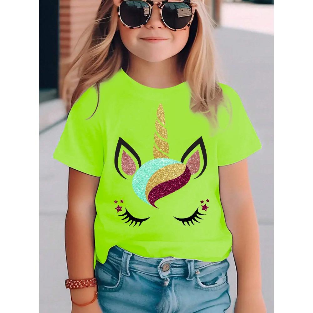 Summer Fashion Girls' Short Sleeved T-shirt "Unicorn" Printed Casual Versatile Top