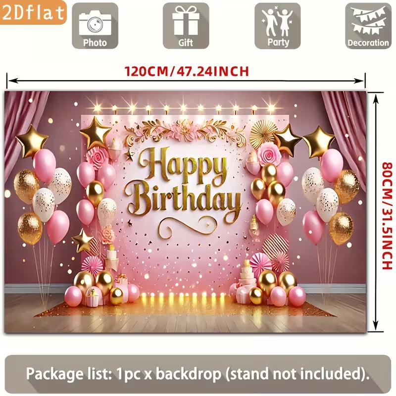 Pink Gold Birthday Tapestry, "Happy Birthday" with Floral and Balloons for Photo Booth