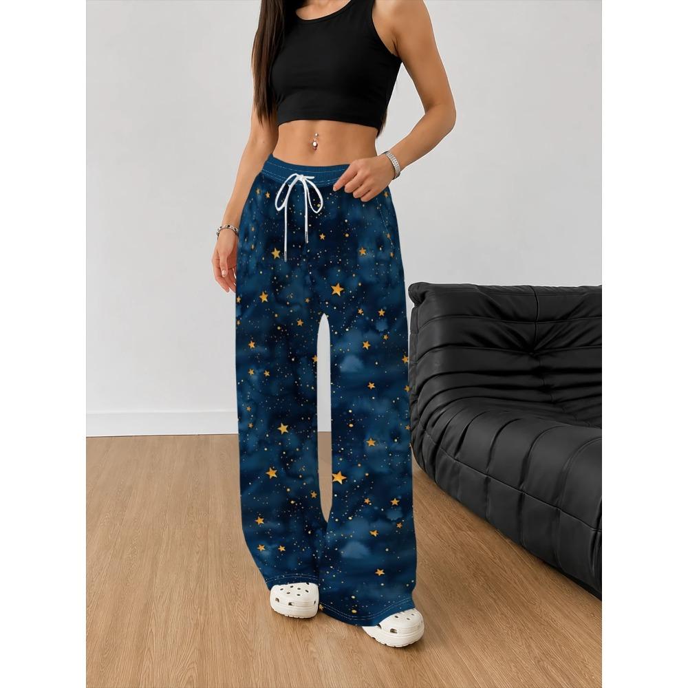 Women's Fashion Casual Wide-leg Trousers Dark Blue Smudged Starry Sky Gold Star Print Loose and Versatile Sweatpants