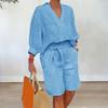 Women's Cotton Linen Two Piece Outfit Casual V-Neck Half Sleeve Lapel Shirt and Belted Wide Leg Shorts Summer Lounge Set