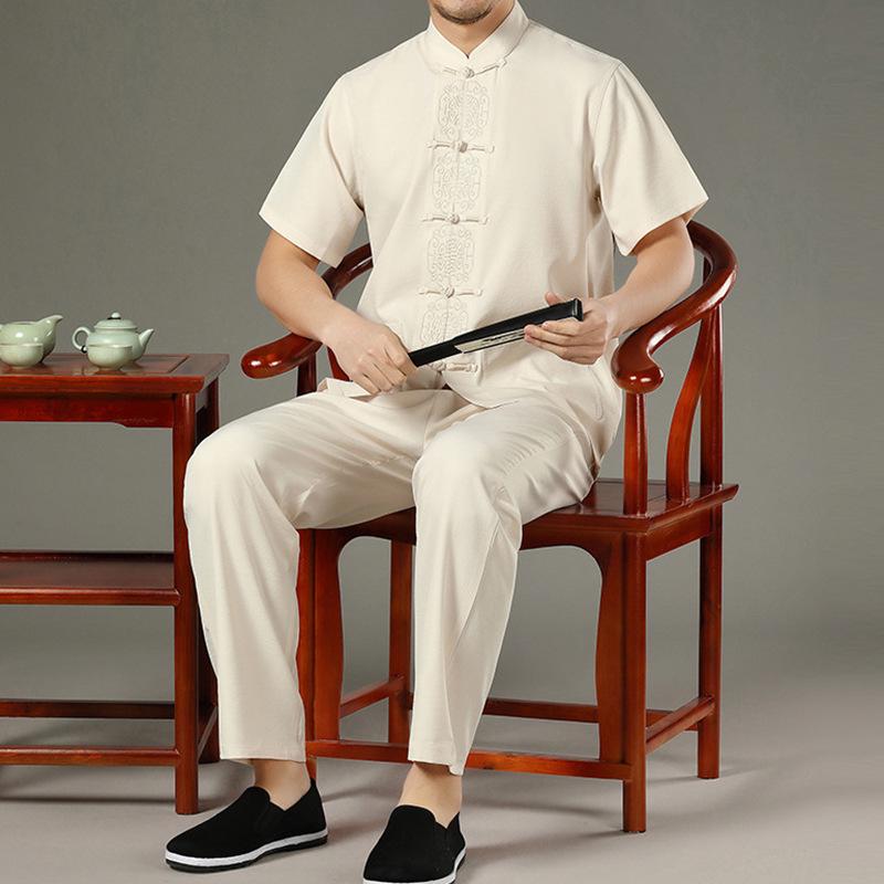 Men's 2022 Summer Short Sleeve Tang Suit: Cotton Linen Two-Piece Set for Middle-Aged and Elderly Casual Wear