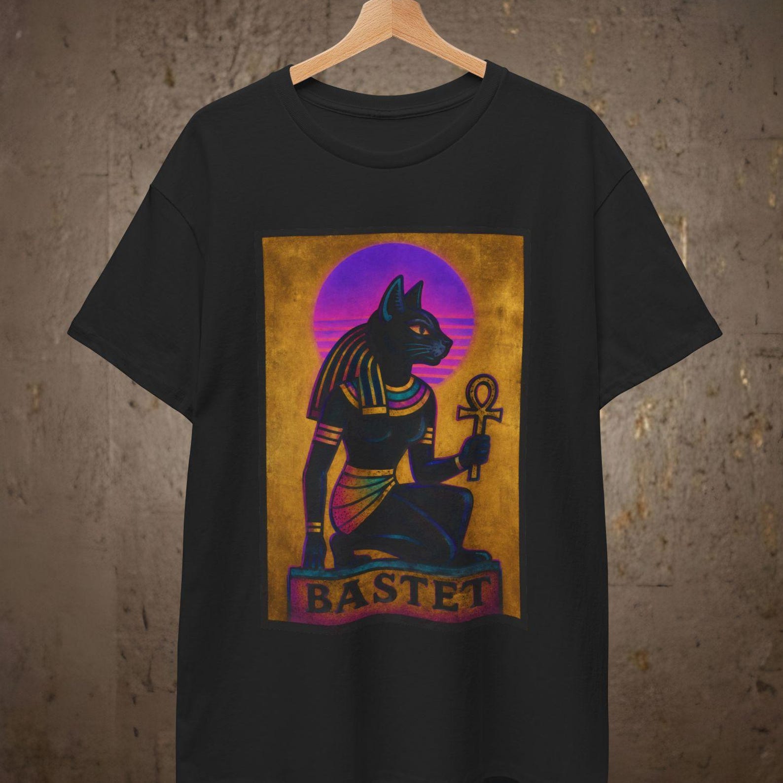Bastet Egyptian Cat God Tee | Ankh, Retro Neon Moon T shirt 4XL