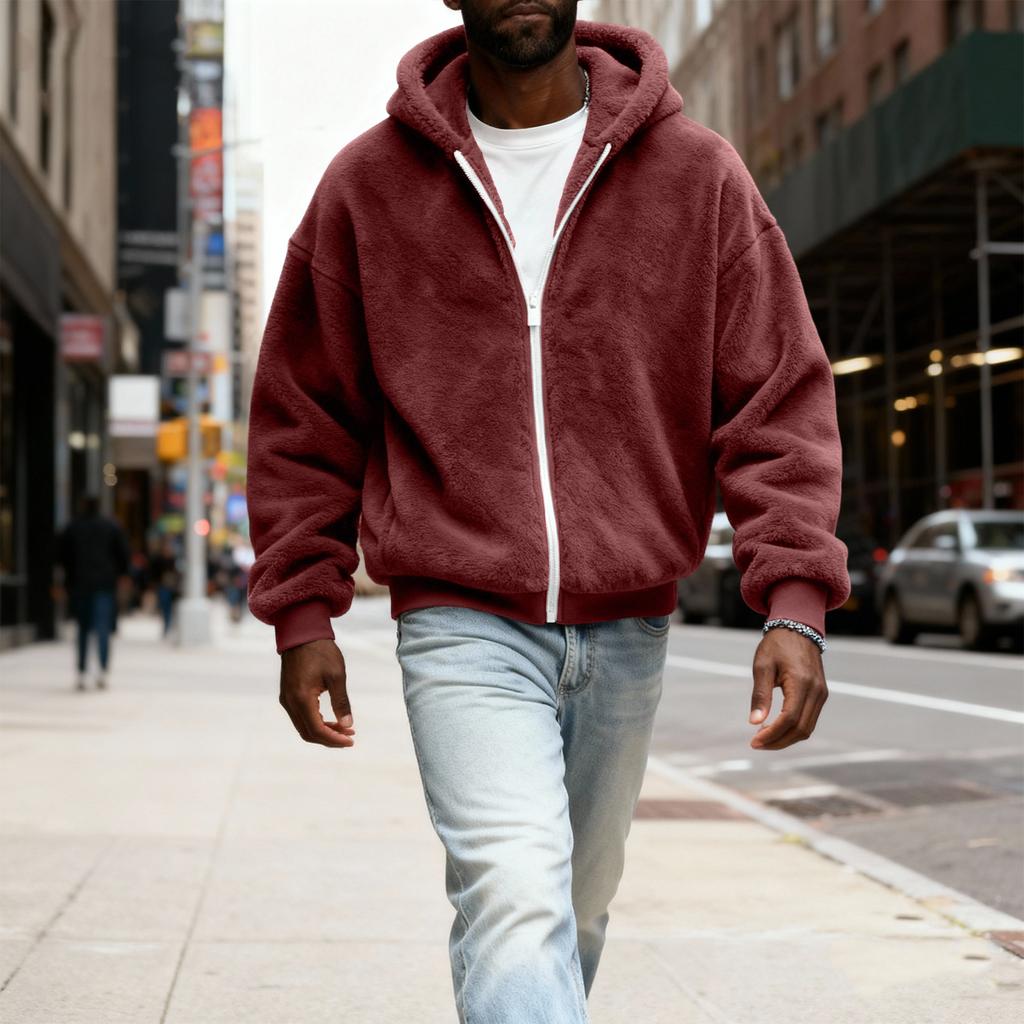 Herr Fuzzy Zip Hoodie Sweatshirt Plyschjacka med dragkedja med huva för