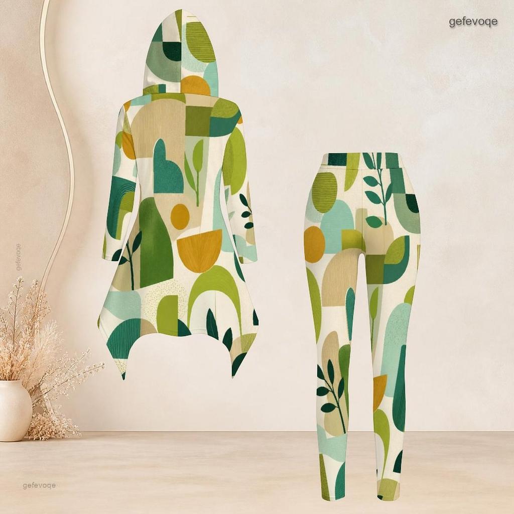 Women Plus Size Geometric Printed Hooded Long Sleeve High Low Top Fitted Pants Set