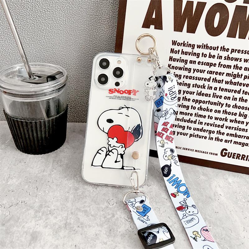Cute Cartoon Snoopy 3D Love Heart Lanyard Wrist Strap Stand Clear TPU Phone Case For iPhone 11 12 13 14 15 16 Pro Max Plus Cover