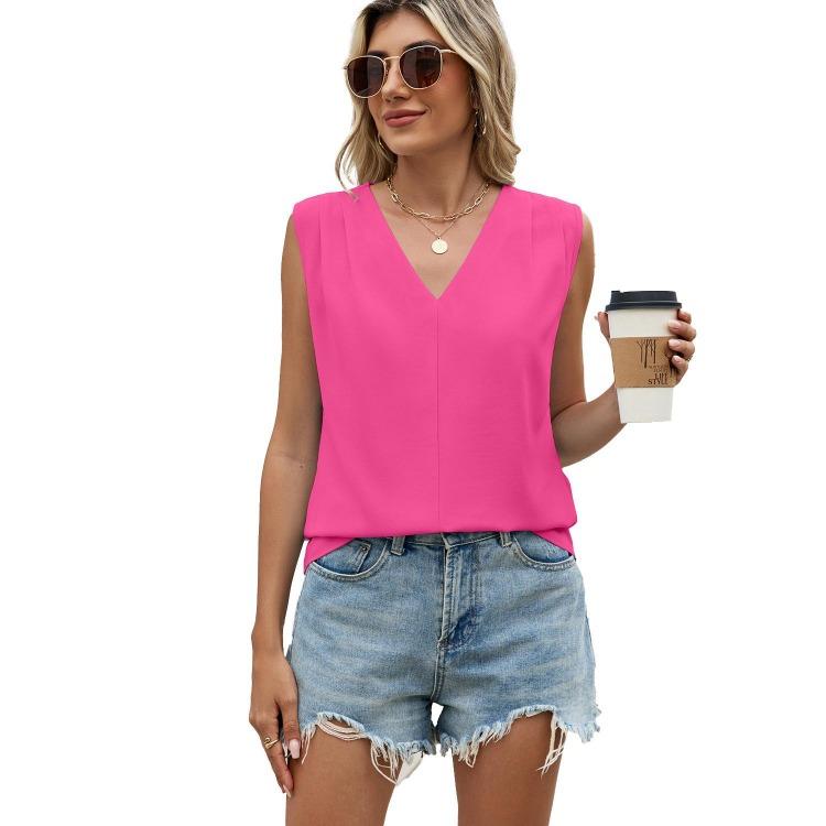 Summer Chiffon Shirt Women Loose V Neck Pleated Sleeveless Top Vest Solid Color Loose Blouse