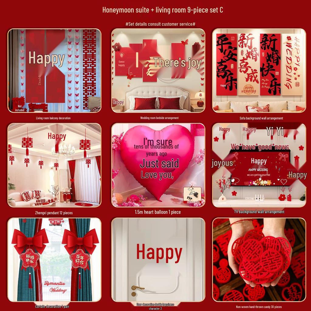Wedding Room Décor Set: Bride & Groom Bedside Background with Pull Flowers & Double Happiness KT Board