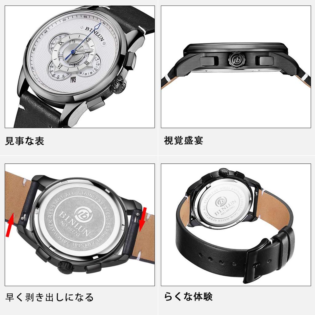 BINLUN Quartz Hand Display Date and Time Indication Multipurpose Hand Chart 30M Waterproof Black Dermal Hand Chart Men's [product]