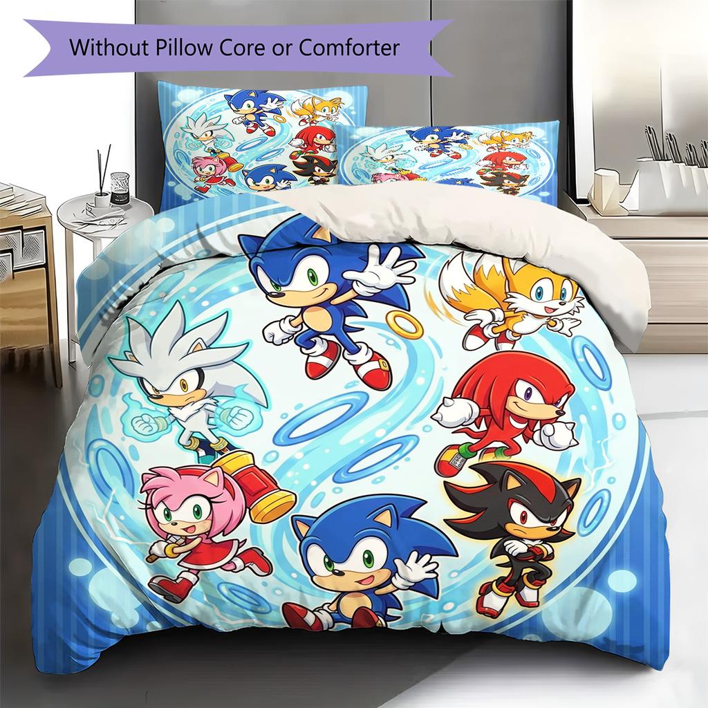 Hedgehog Sonic Pattern Bedding Quilt Set Quilt Cover Pillowcase Home Decoration Birthday Gift (1 * duvet cover + 2 * pillowcase, without core)