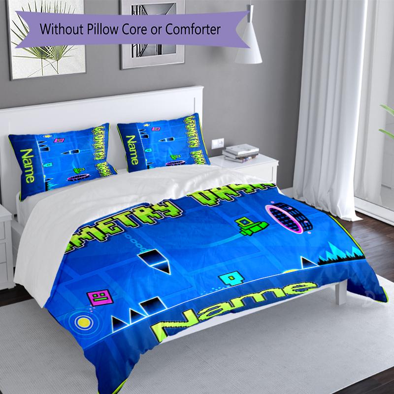 3pcs Custom Name Geometry Dash Set,Includes 1 Duvet Cover and 2 Pillowcases,All-season Bedroom Decor