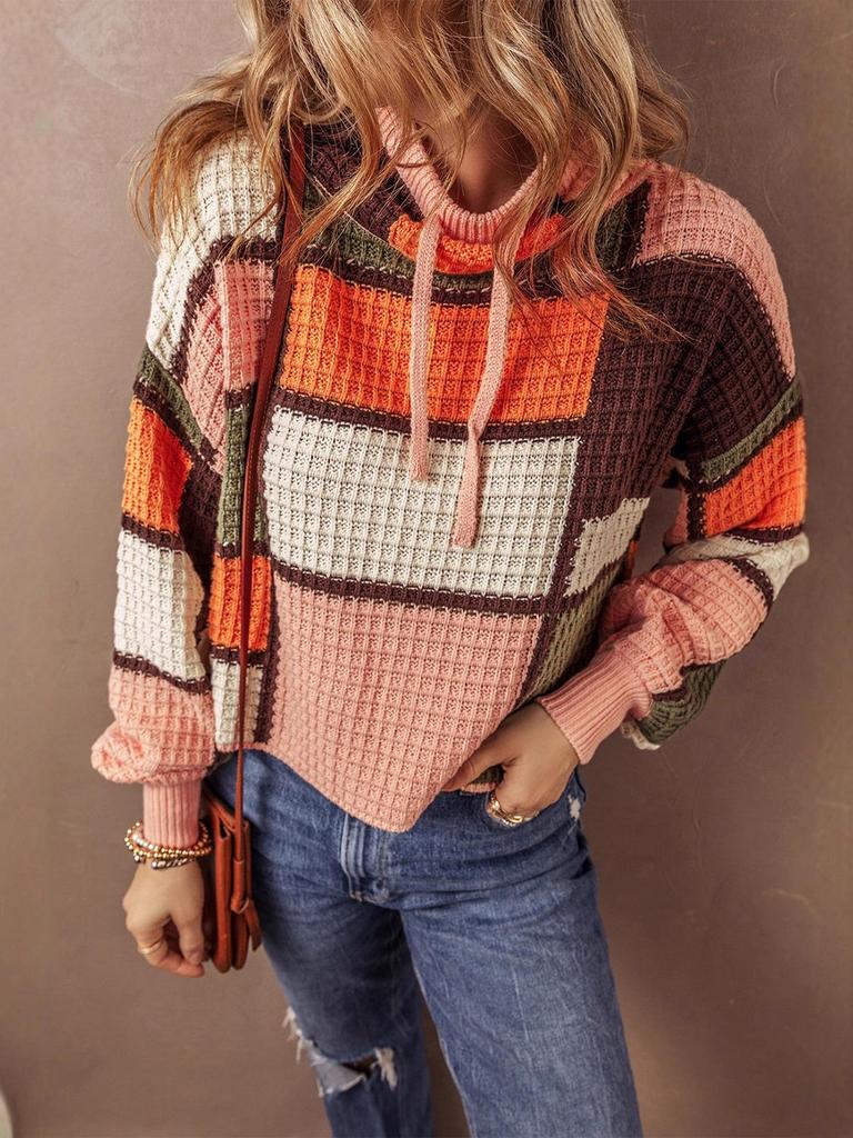 Autumn/Winter Women's Color Block Drawstring Stand Collar Sweater - European & American Casual Waffle Knit Long Sleeve Top