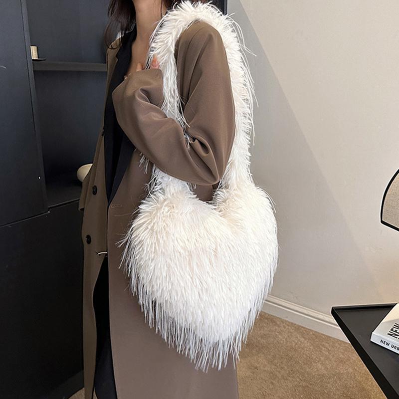 Yogodlns Long Plush Women's Large Shoulder Bag Luxury Faux Fur Female Love Shape Bags Y2k Punk Girls Fluffy Tote Handbags Crossbody Bag