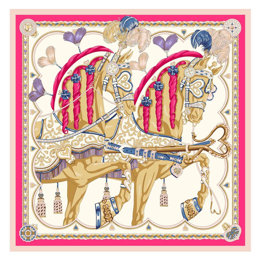 POBING Silk Scarf Women Large Shawls Spain Horse Print Stoles Square Bandana Luxury Kerchief Hijab Scarf Female Foulards 130CM