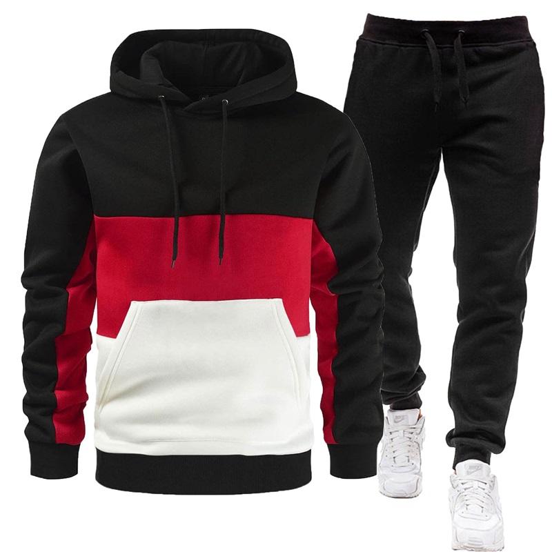 Men's Color Block Hoodie & Sweatpants Set Casual 2PCS Tracksuit, Drawstring Sportswear Outfit