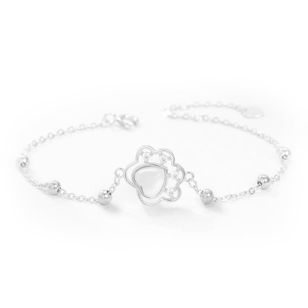 S925 Silver Cat Paw Bracelet for Women White Adorable Animal Motif Gift - Agate, Zirconia,