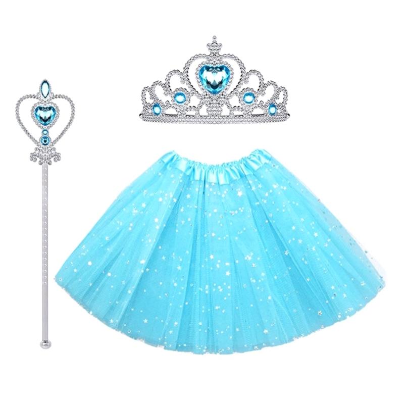 3 Pcs/Set Kids Princess Costume Accessories Crowns 3 Layers Tutu Skirt Magics Wand Ballet Skirt for Halloween Party
