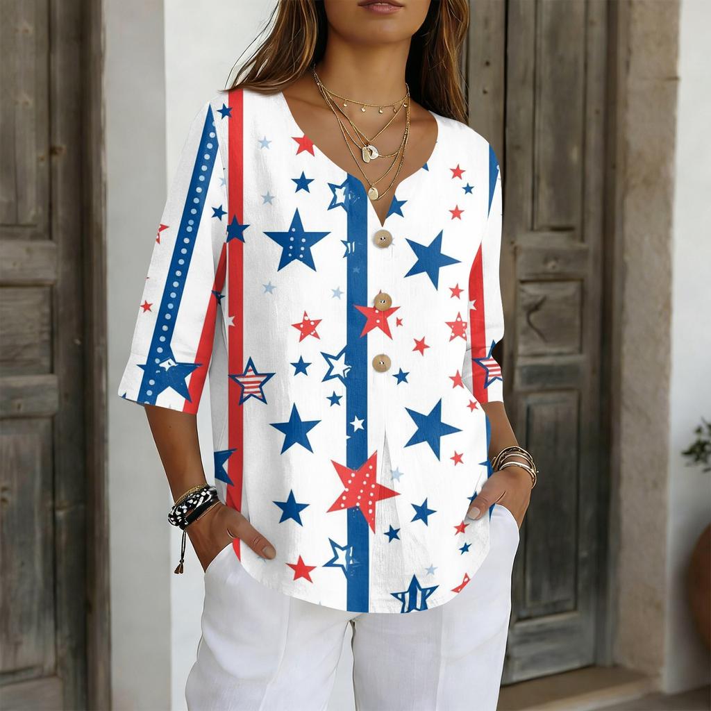 Women's V-Neck Button Three-Quarter Sleeve Casual Independence Day Print Pullover T-Shirt