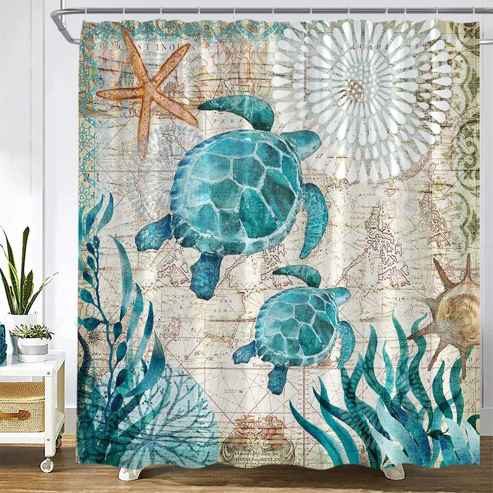 Octopus Sea Turtle Shower Curtain Watercolor Animal Dolphin Tropical Fish Coral Underwater Landscape Curtains Bathroom Decor Set