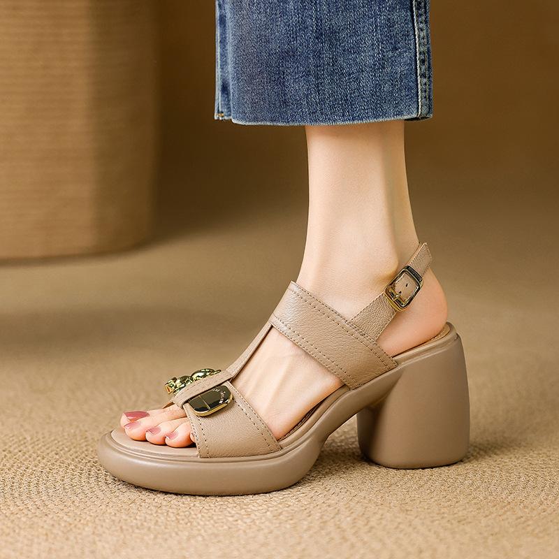 

Премиальные водонепроницаемые босоножки на высоком каблуке с открытым носком, женские летние новые модные на толстом каблуке, на толстой подошве, с металлическим ремешком через подъем, римские туфли 35