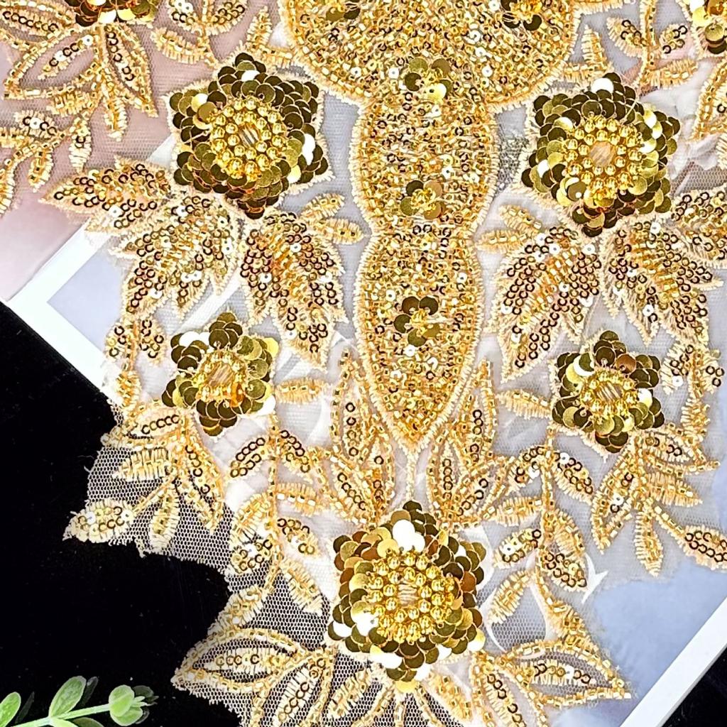 Heavy Industry Beaded Sequins Flowers Gold Clothing Patches Accessories Stage Performance Clothing Collar Decoration Cloth Stickers