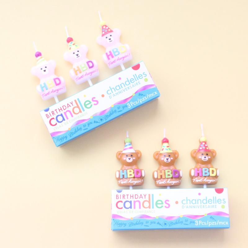 Cartoon 3 Bear Birthday Candles HBD Brown Cute Party Hat Bear Children's Cake Candle Decoration