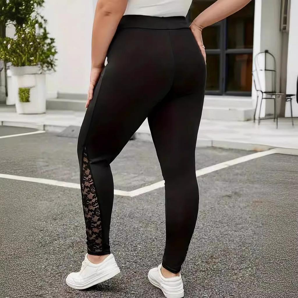 Pantaloni Estivi da Donna Taglie Forti con Contrasto di Pizzo Intrecciato, Pantaloni Skinny