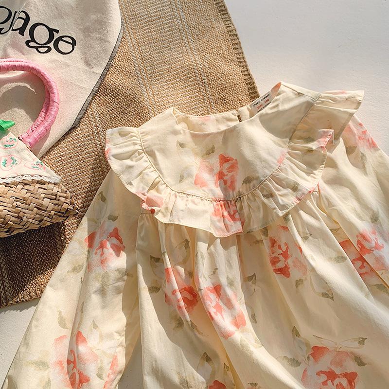 Sweet Girls Spring Dress With Ruffles Floral Print Soft Children Skirt