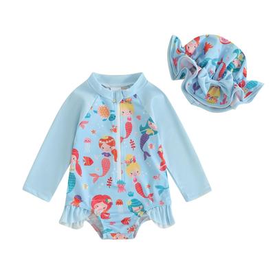 Baby Girls Swimsuit, Strawberry Flower Mermaid Bikini with Hat Newborn Swimwear for Summer Bathing