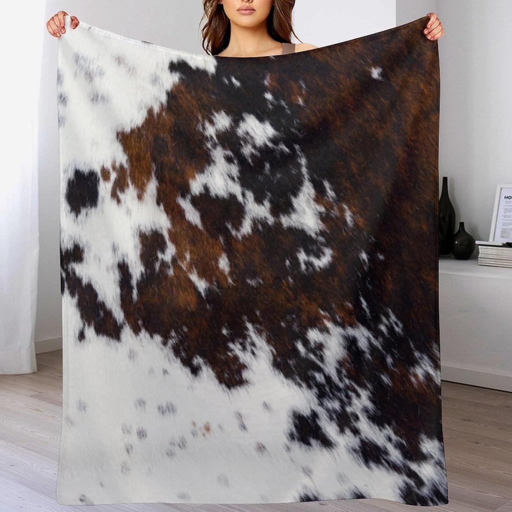 Cowhide Print Flannel Blanket, Cow Fur Print Flannel Throw Blanket Gift for Kids Adults, Soft Fleece Blanket for Couch Sofa Bed