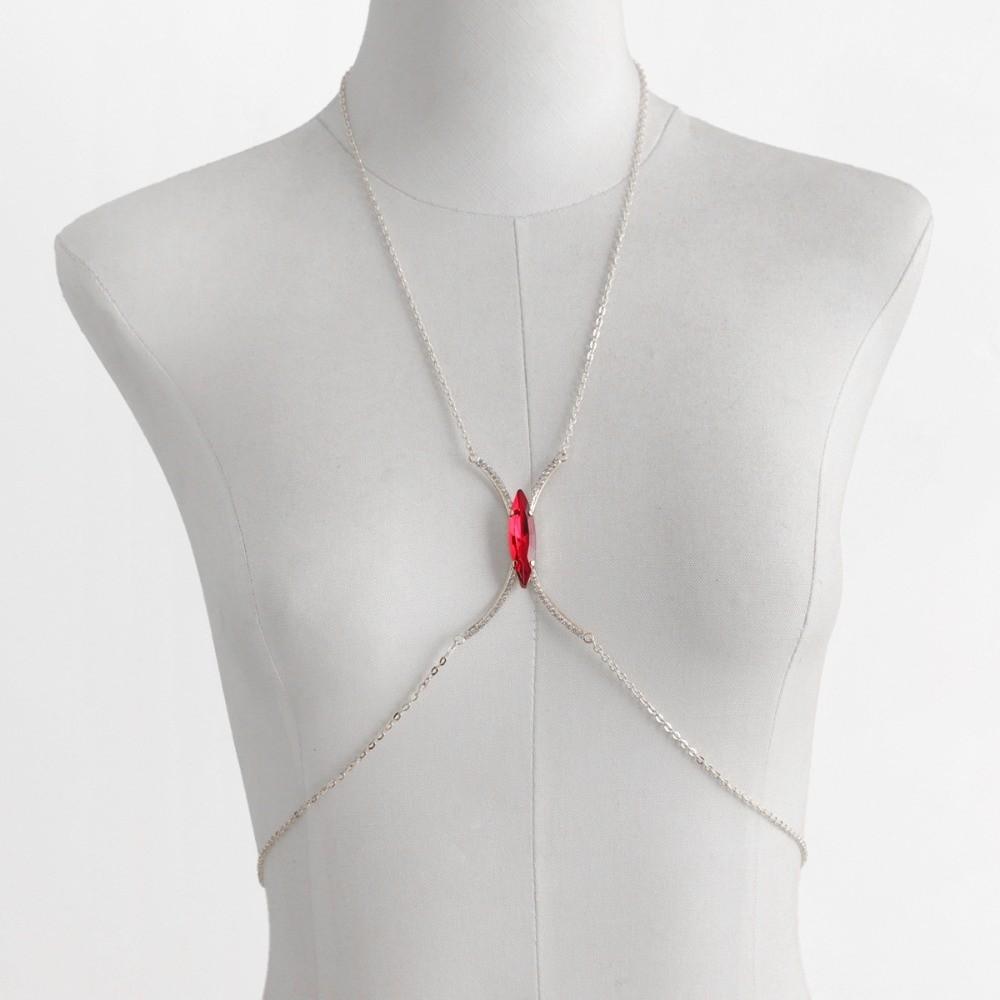 Rhinestone Bra Chest Chain Red Crystal Breast Chain Trendy Chest Support Body Chain  Low-cut Dress