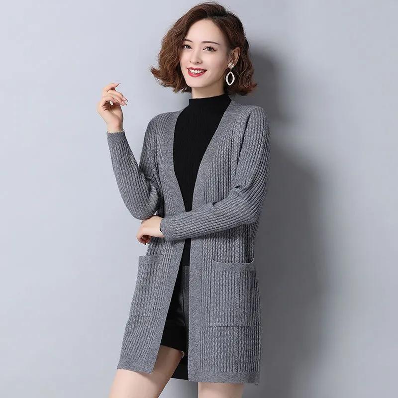 Women s Fall/Winter Mid-Length Knit Cardigan: Loose-Fit, Korean-Style, Minimalist Design XXS