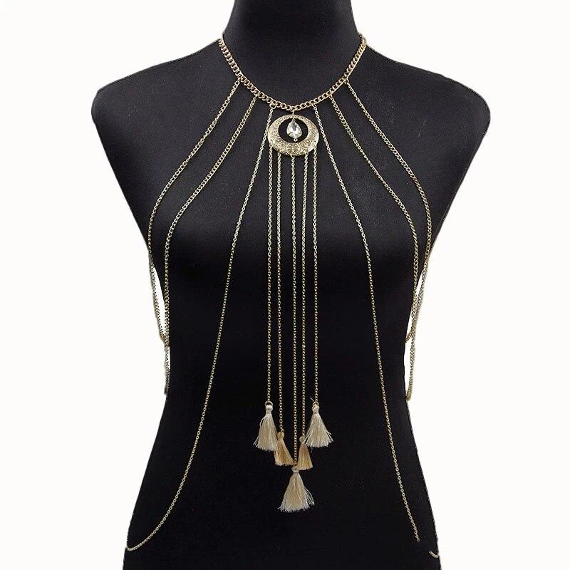 Bijuterii pentru corp Lanț sexy pentru piept Bikini Lanțuri pentru burtă pentru femei Lanțuri cu talie încrucișată Femeie Fată Moda plajă Pulover de lux simplu