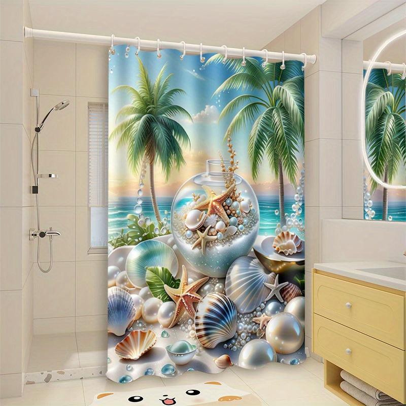 1Pc Tropical Beach Shower Curtain With Starfish & Seashells Design - Vibrant Palm Trees & Ocean Scene, Polyester, Machine Washab