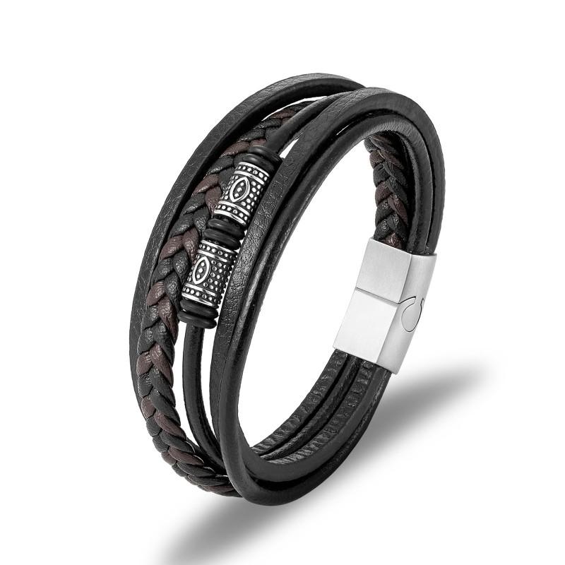 Mens Stainless Steel Braided Bracelet With Magnetic Clasp Multi-Layer Leather Wristband Geometric Design