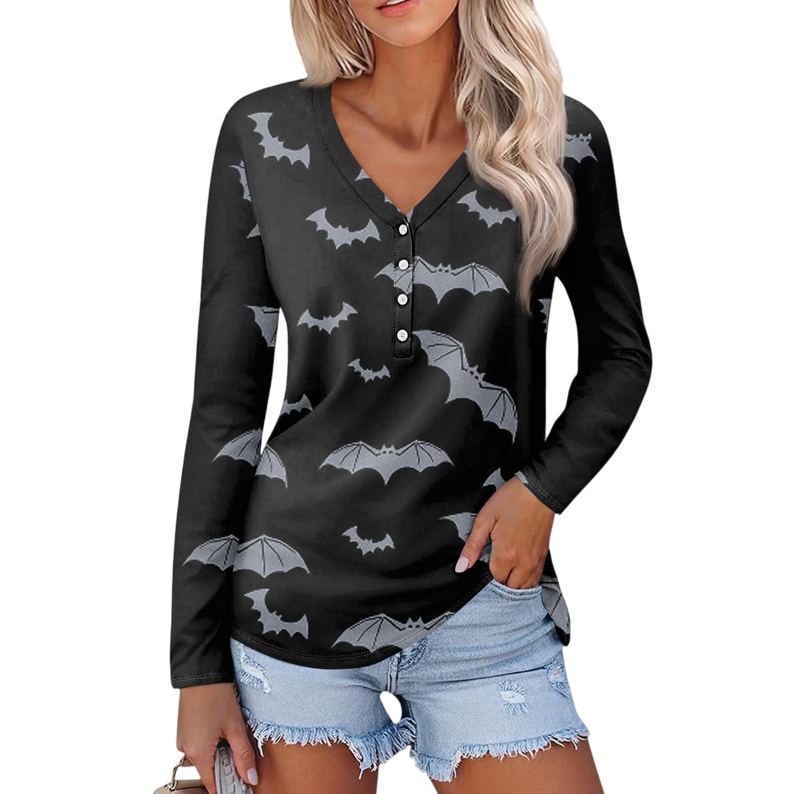 

Женская повседневная мода, сексуальный комфорт, Хэллоуин с принтом и v-образным вырезом, пуговицы, длинный рукав M чёрный