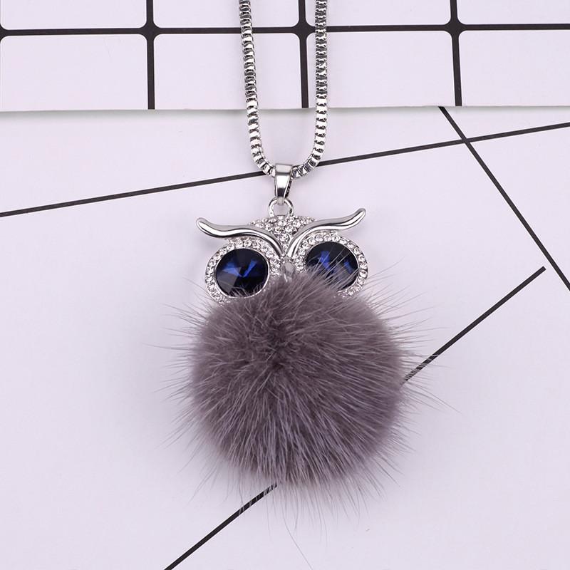 

Fashionable Korean Inspired Owl Necklace With Cozy Mink Fur Balls For Women Gray Fur