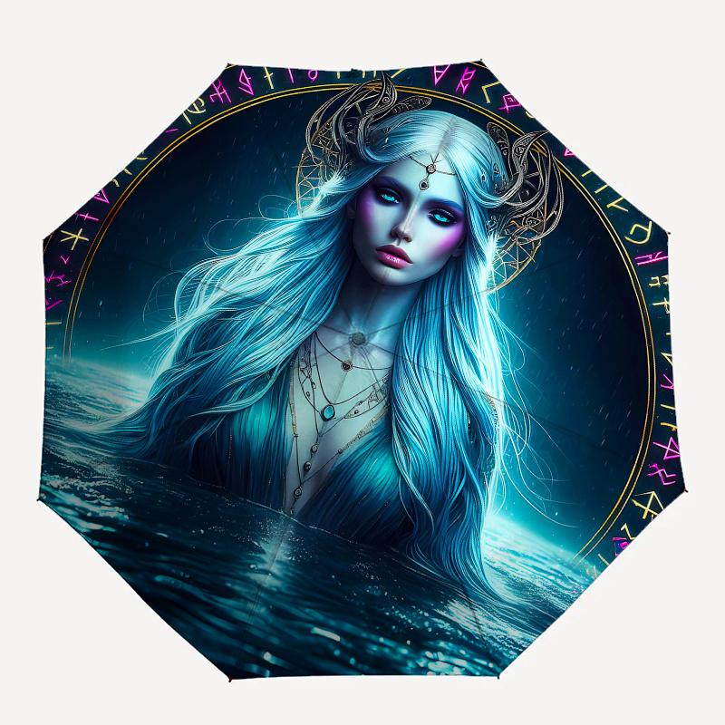 Enchanted Water Goddess Circular Wall Art DecorUmbrella, Portable 3-Fold Compact Umbrella for Men & Women Gift