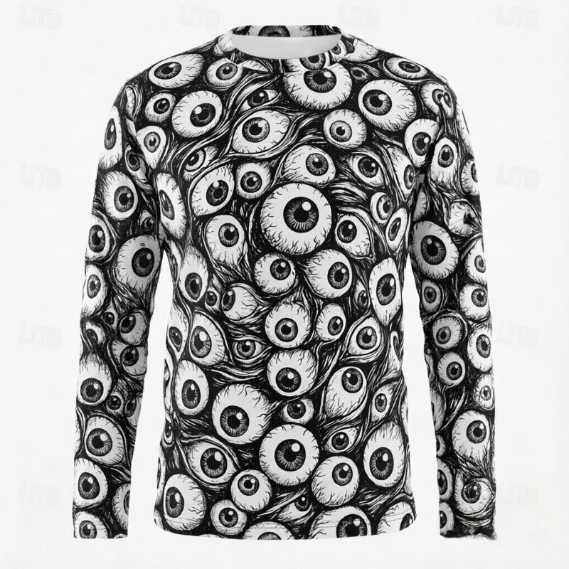 Men's Long Sleeve T-Shirt Full Horror Eyes Mouth Pattern Gothic Creepy Art Streetwear Crew Neck Tops
