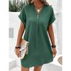 Women's V-Neck Solid Color Pullover Dress, Comfortable Casual Button-Down Midi Dress ,Casual V-Neck Solid Dress, Soft Pullover Style Button Dress