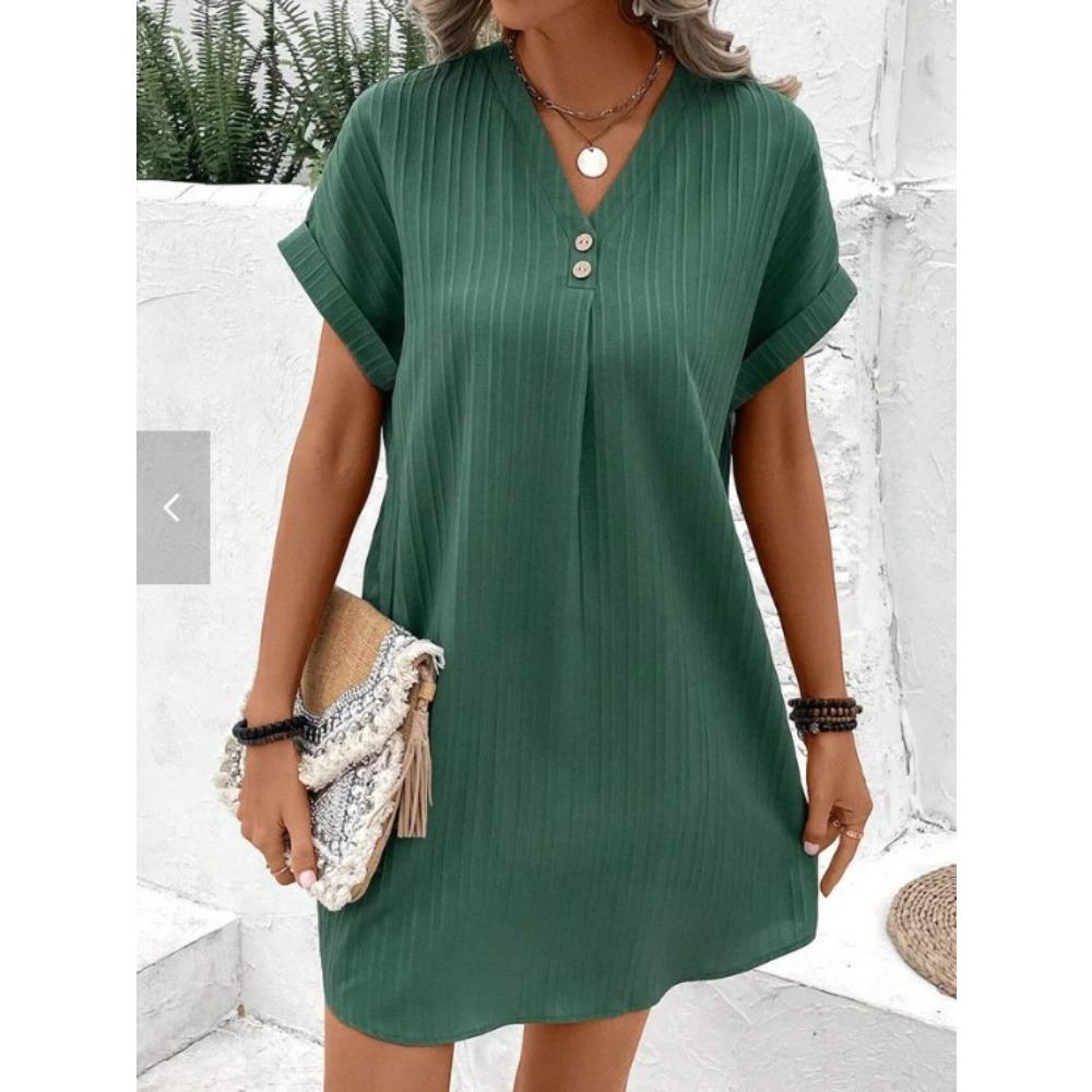 Women's V-Neck Solid Color Pullover Dress, Comfortable Casual Button-Down Midi Dress ,Casual V-Neck Solid Dress, Soft Pullover Style Button Dress