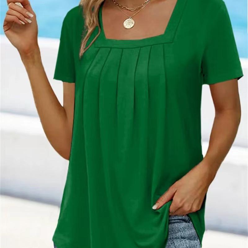 Women Square Neck Short Sleeve Blouse With Pleated Front And Curved Hem Casual Multi Color Summer Top
