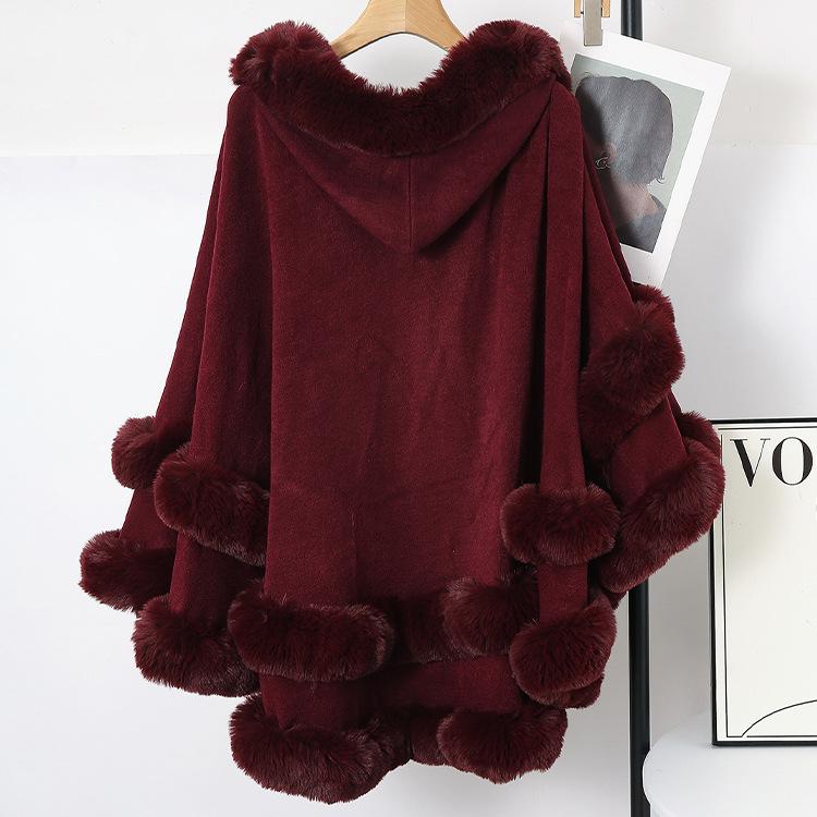 Poncho a mantella da donna con cappuccio e bordi in finta pelliccia, scialle invernale caldo con apertura frontale, mantella oversize