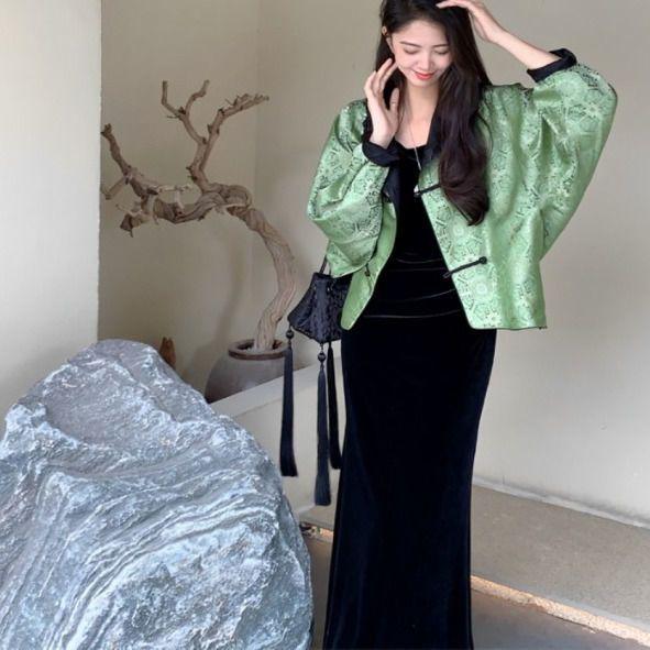 Spring 2026 Guofeng Green Jacket Dress Set: Elegant & Modern Chinese Style for Women XL (Approx. 115-125 lbs)