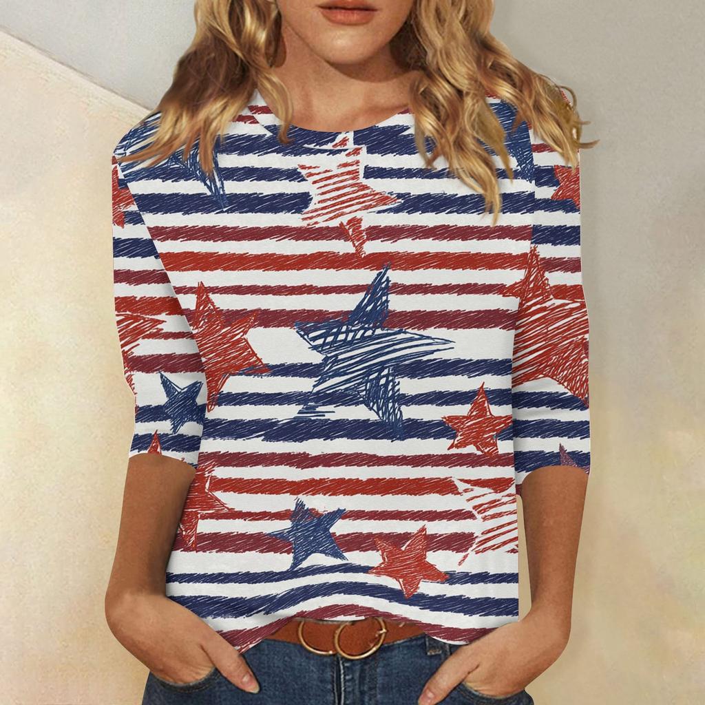 T-shirt Top Décontracté Tendance pour Femme Imprimé Drapeau Américain et Étoiles Fête de l'Indépendance Manches Trois-Quarts Col Rond
