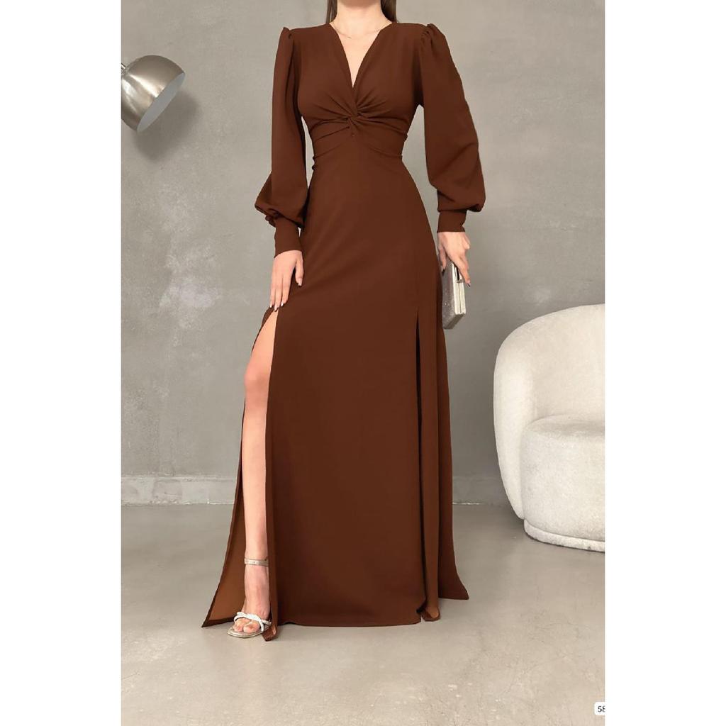 Black Crepe Fabric Front Knot Detail Maxi Length Long Sleeve Double Slit Dress