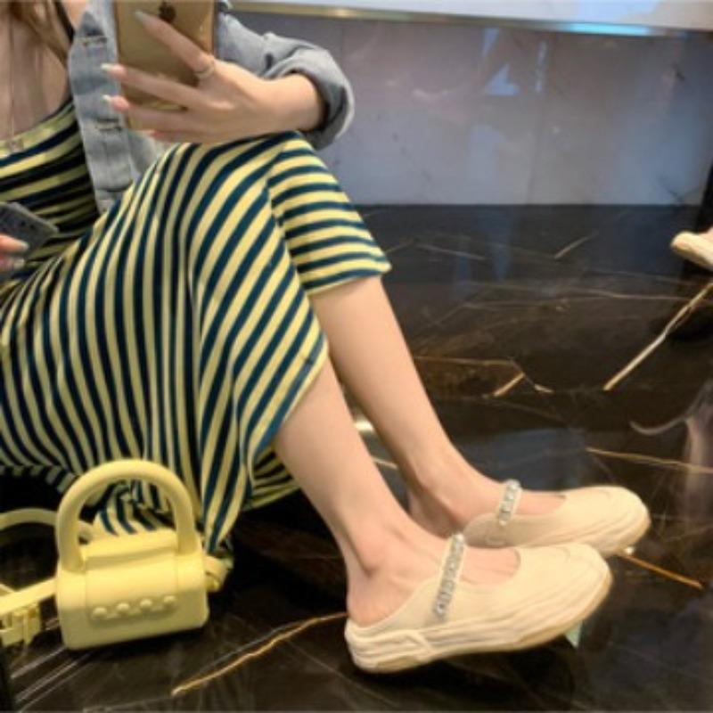 Sheepskin version dissolved shoes rhinestone word with Velcro big shallow mouth Mary Jane half drag canvas shoes women