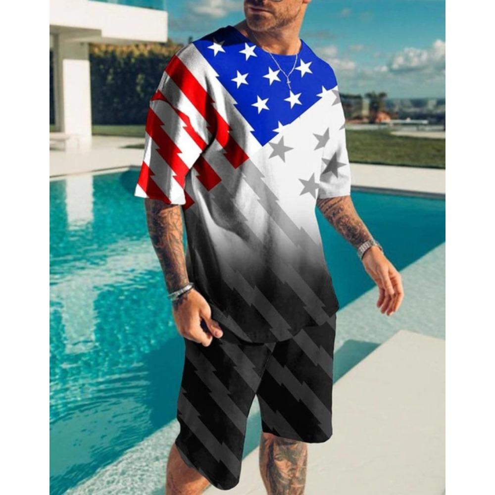 Summer Men's O-Neck Short Suit Sleeve coatGeometric Pattern Print 3D Sportswear Casual Oversized Top Shorts Breathable Sportswea