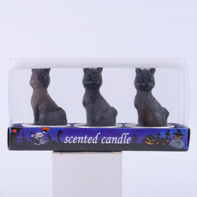 Set of 3 Halloween Themed Candle Ornaments Funny Black Cats Skull Pumpkin Witches Shape Candle for Home and Party Decors