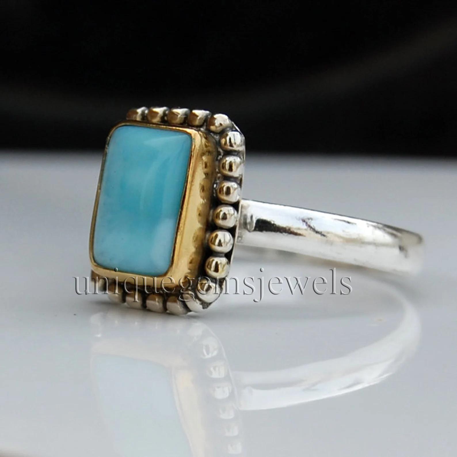 

Geniune Dominican Larimar 925 Sterling Silver Yellow Gold Two Tone Ring, Two Tone Birthstone Gift Ring Jewelry 10